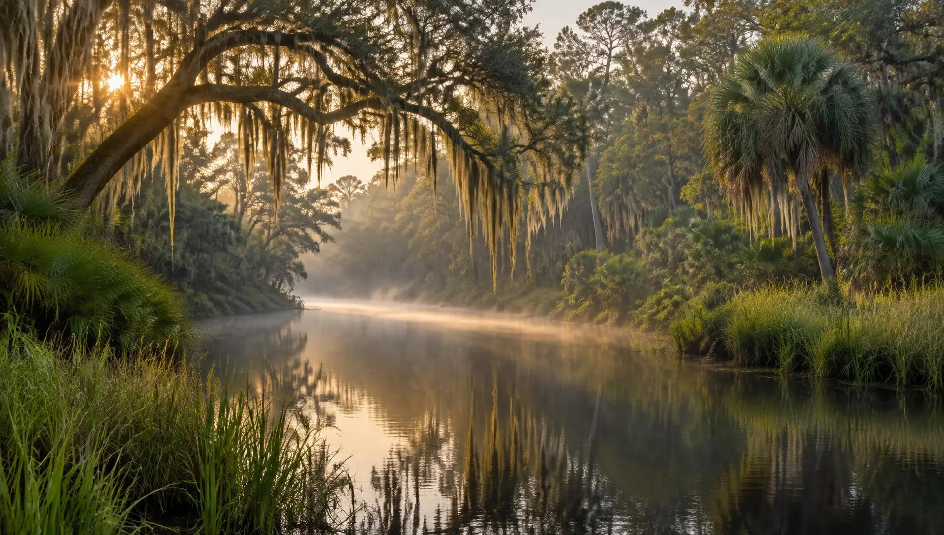 Florida river landscape with live oak trees