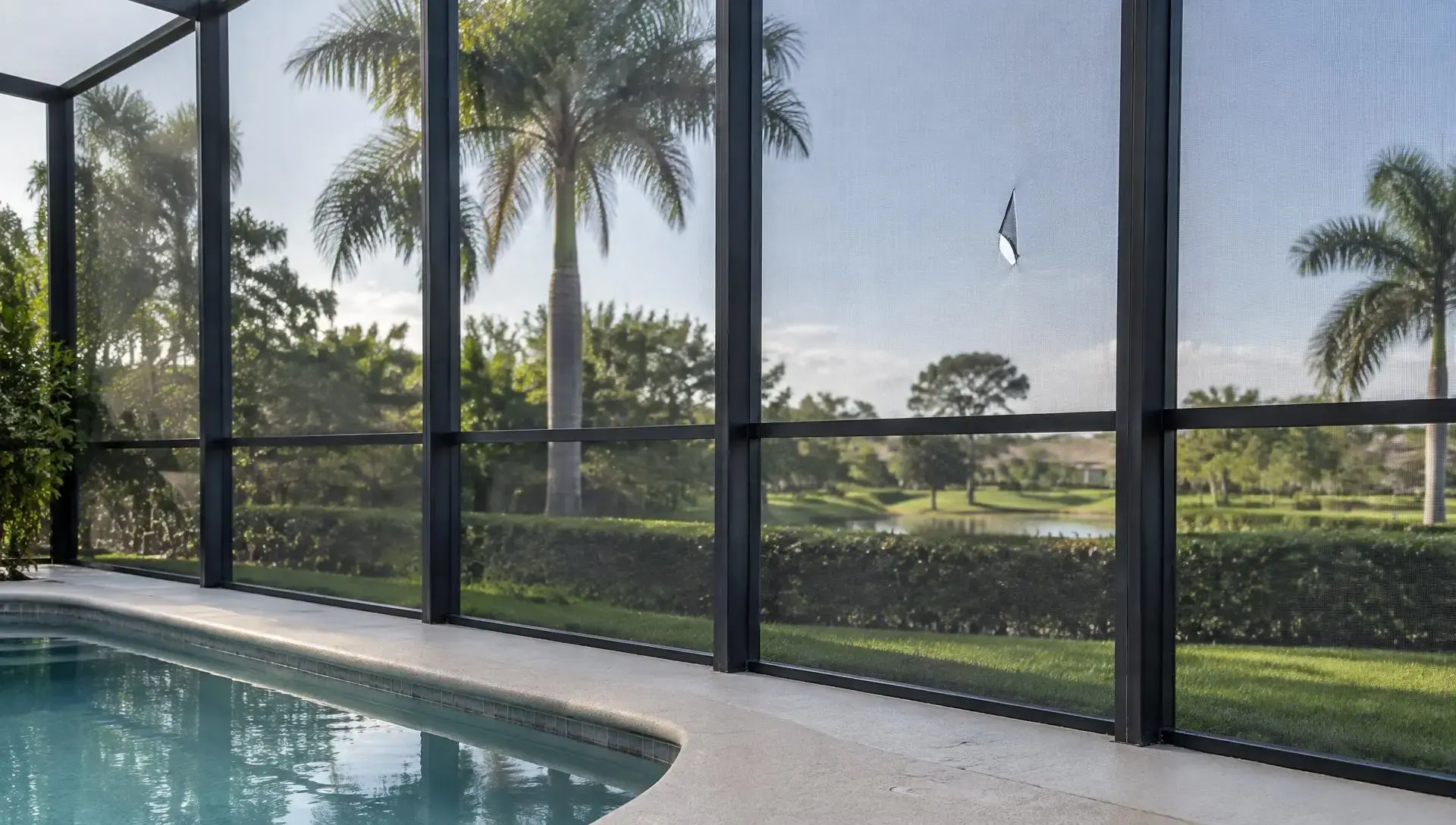 Pool enclosure screen wall with one small tear in an upper panel