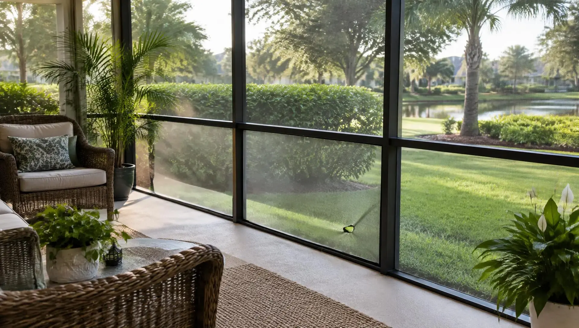 Inside a screened lanai where one lower screen panel has a small puncture