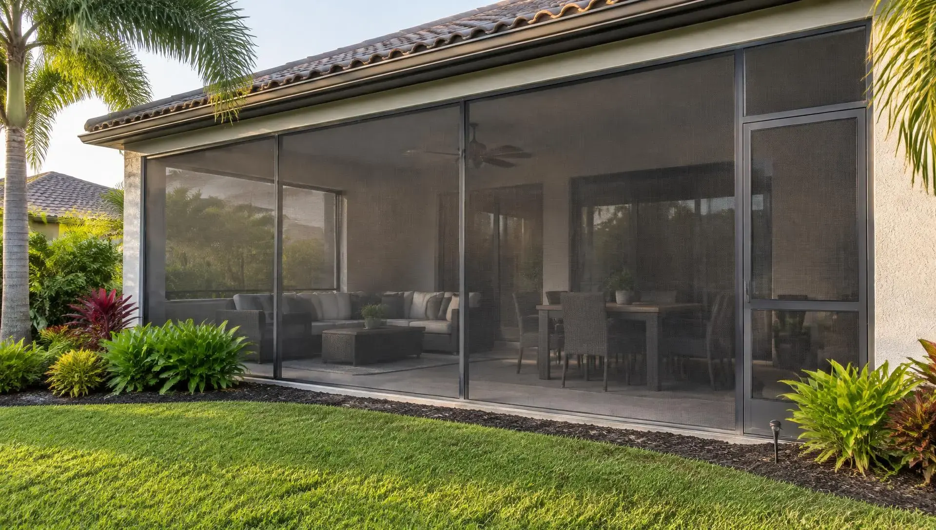 Screened-in lanai on the back of a Florida home, seen from the lawn