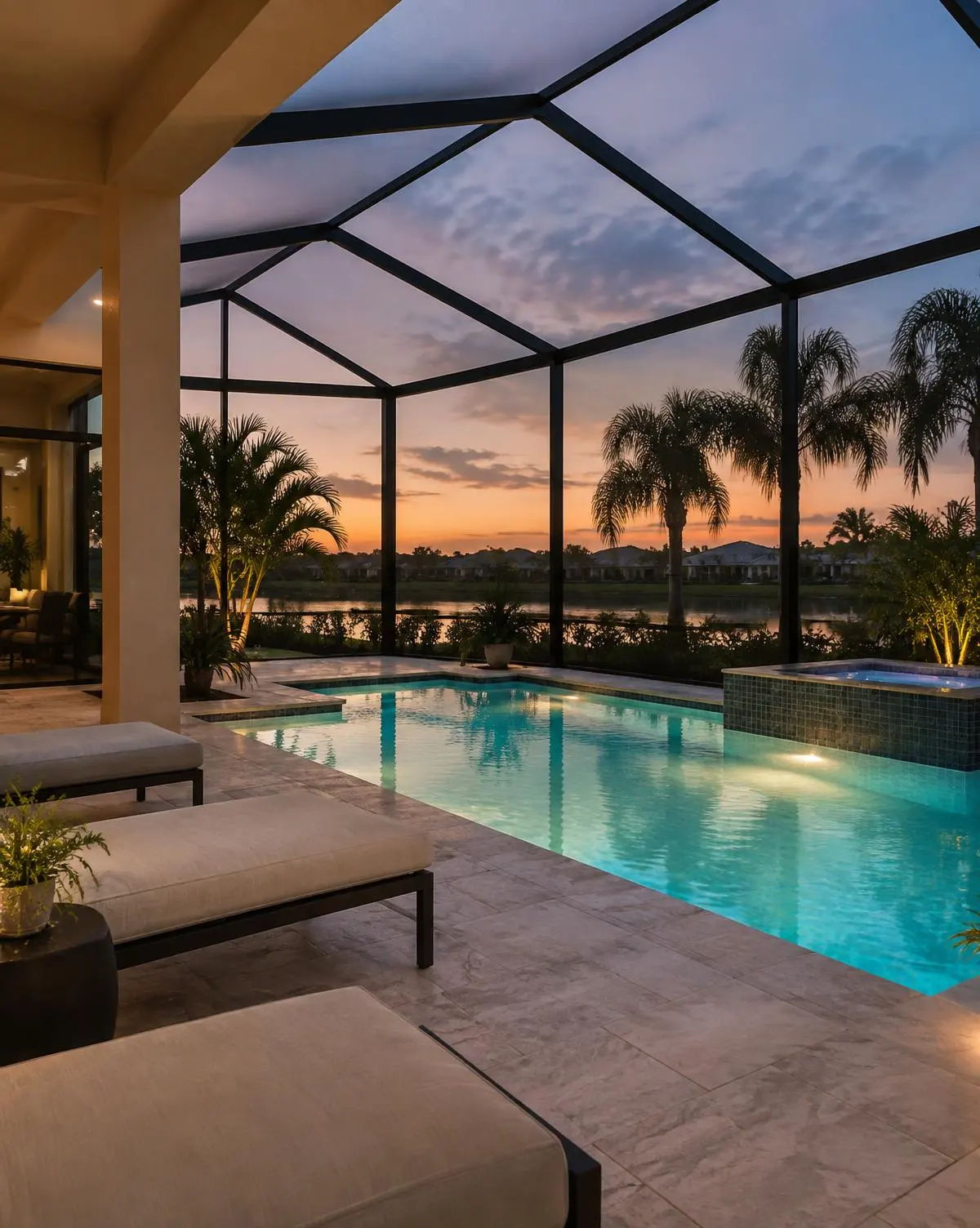 Screened pool deck at dusk with lounge chairs and lit pool water