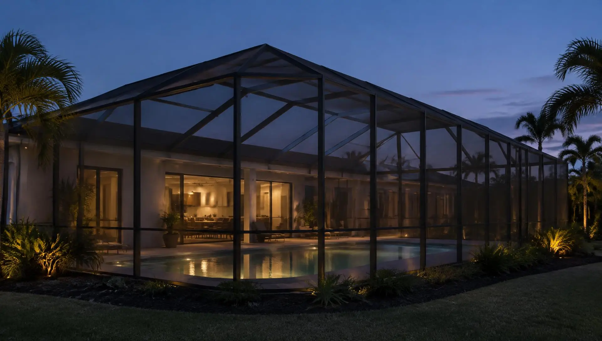 Screened pool enclosure at blue hour with warm light from the home behind the mesh