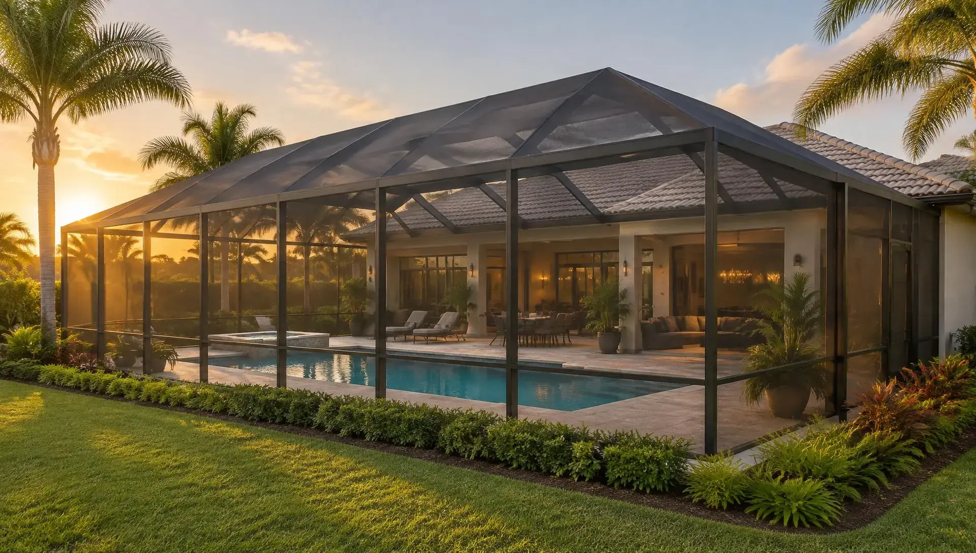 Large screened pool enclosure behind a Florida home in late-afternoon light