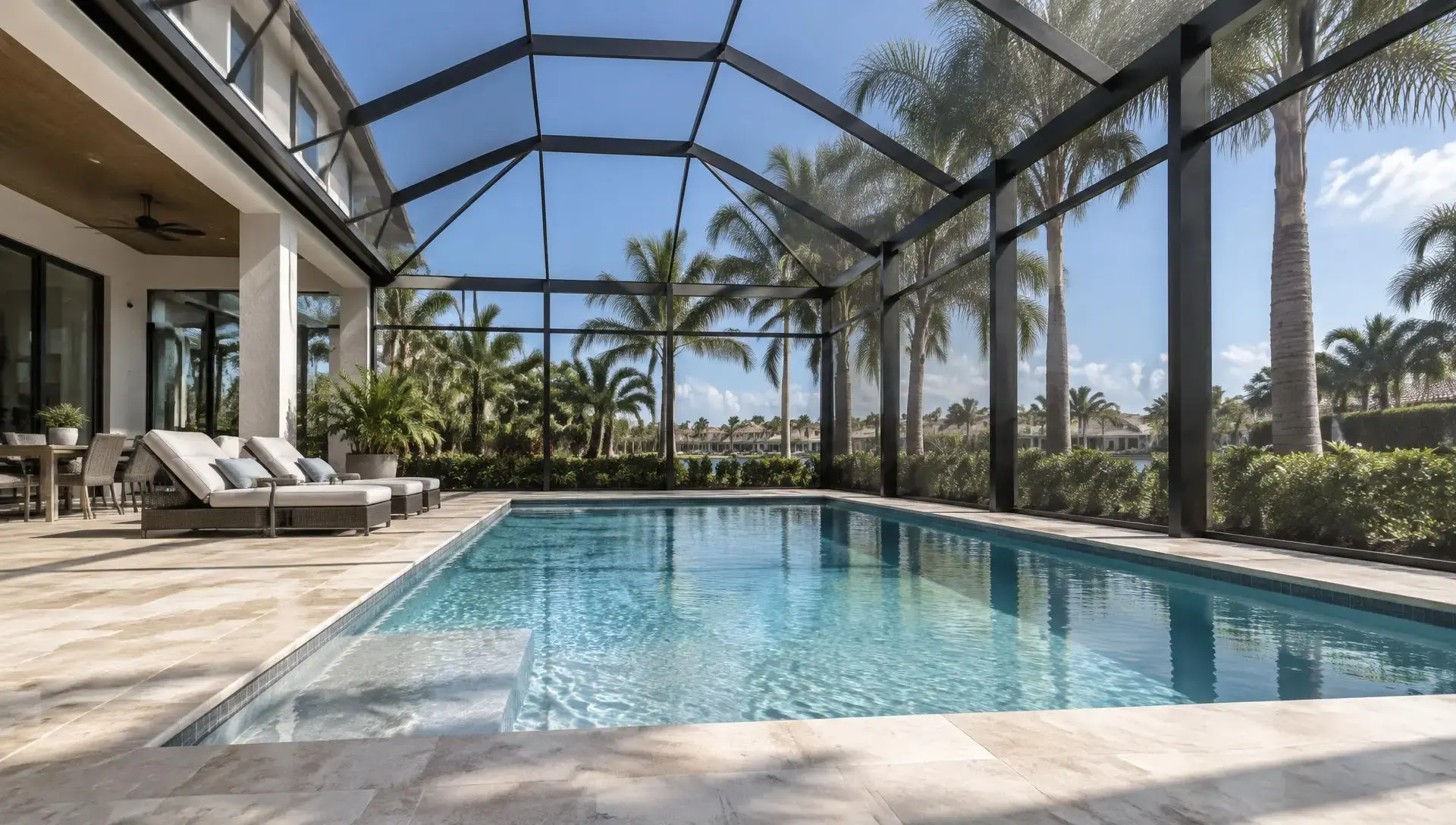 Pool deck inside a tall screened pool enclosure with palms visible through the mesh